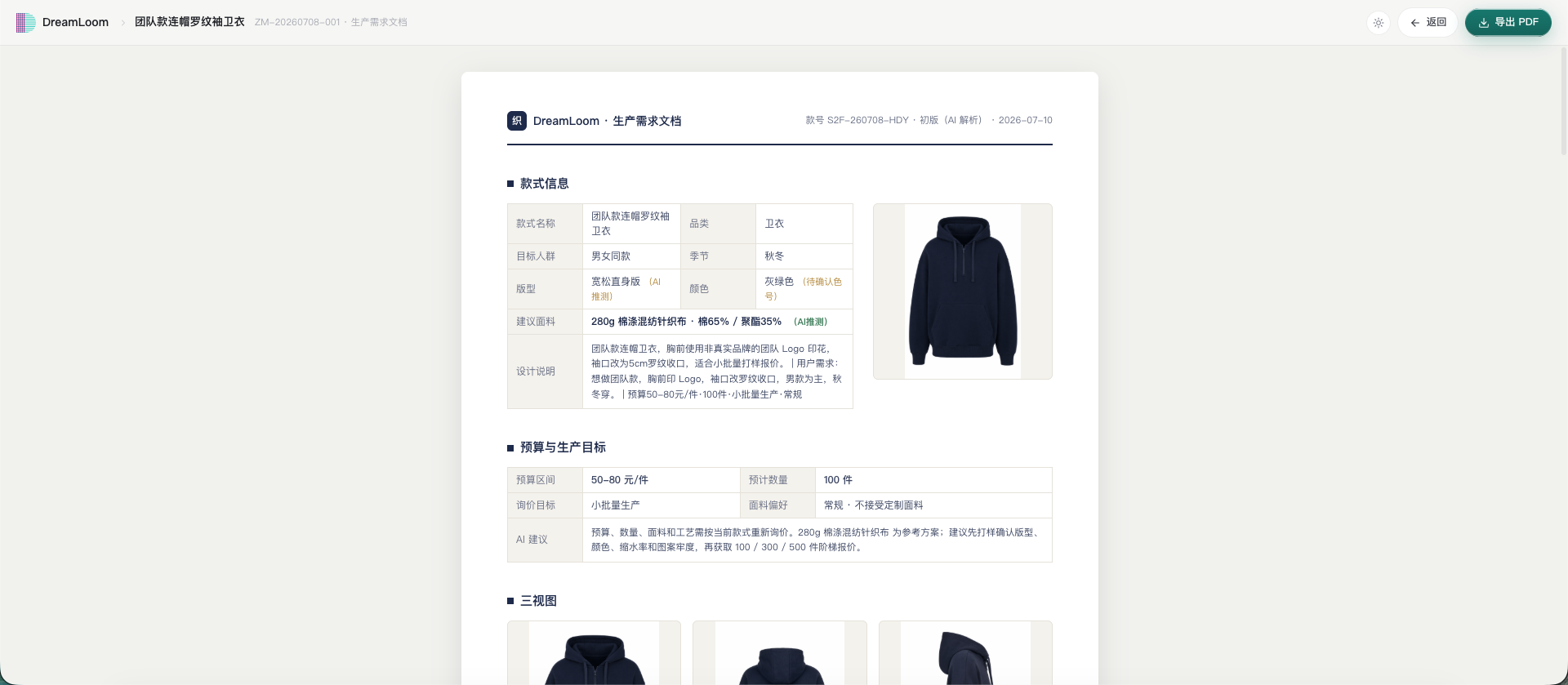 生产需求文档真实截图：款式信息、预算与生产目标、三视图