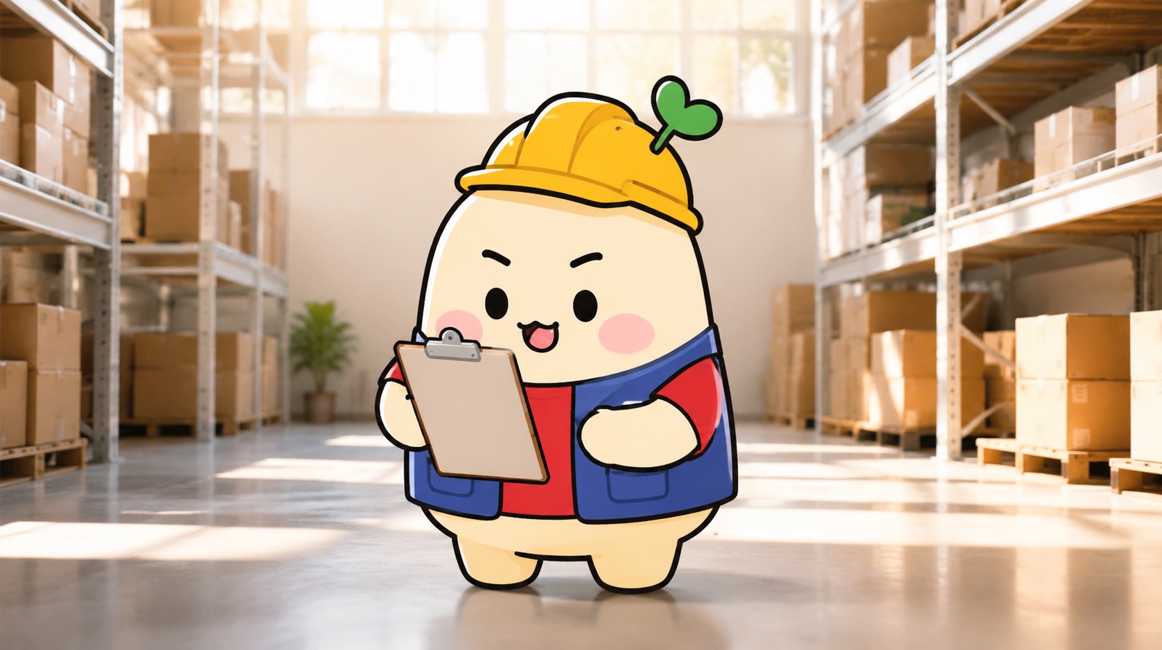生产薯戴安全帽在仓库巡检的卡通场景